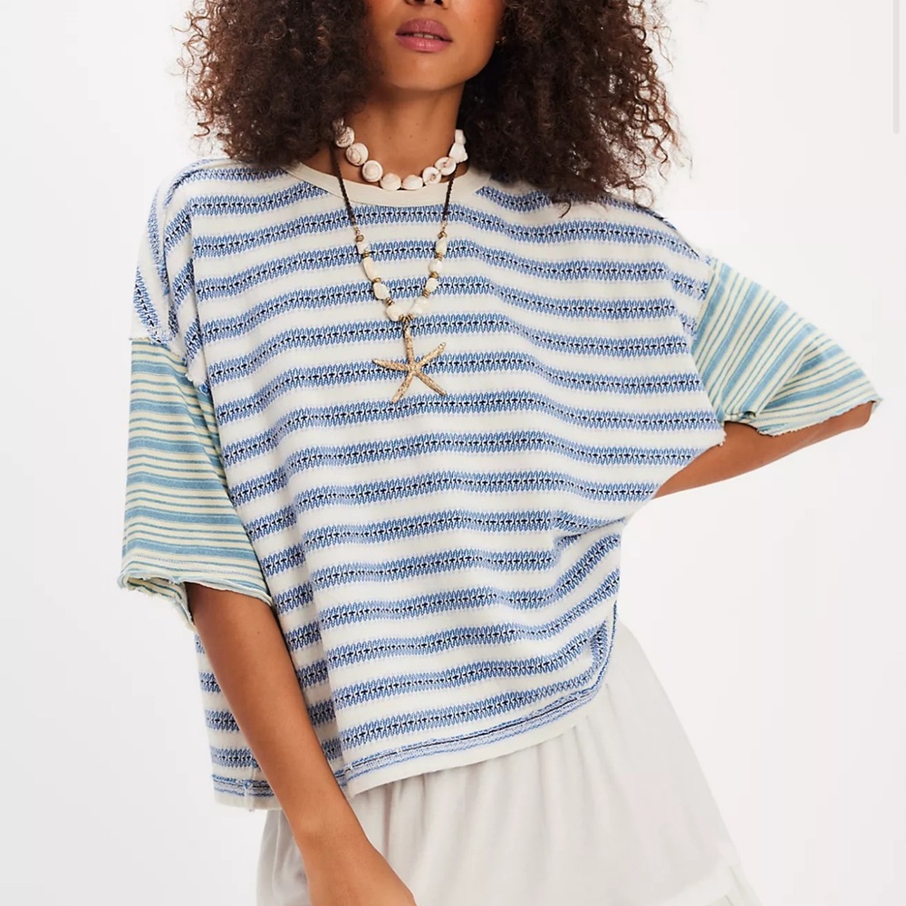 Free People Blue and White Striped Short Sleeve Tee